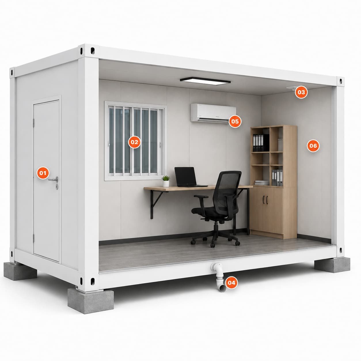 Custom container house cutaway showing configurable openings and services