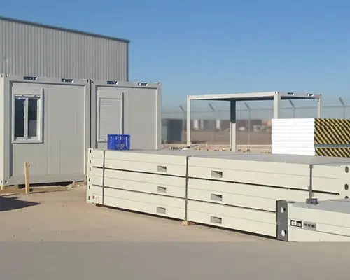 Flat pack modular camp components prepared for dispatch