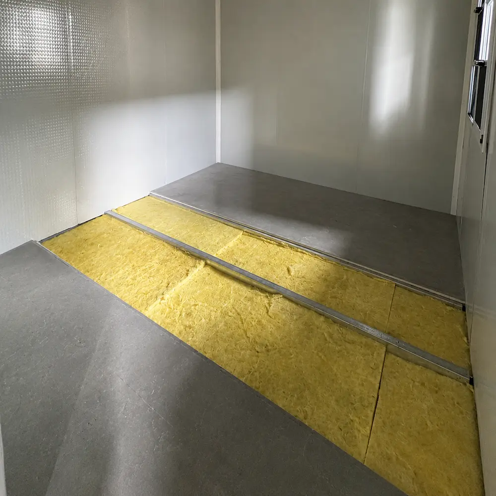 Floor system: fiber cement board + PVC roll flooring